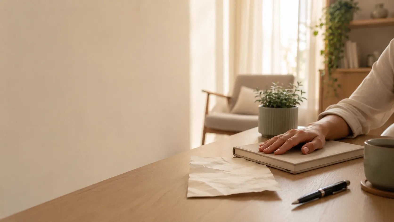Mão fechada pressiona um caderno sobre a mesa, ao lado de papel amassado, sugerindo culpa e julgamento interno