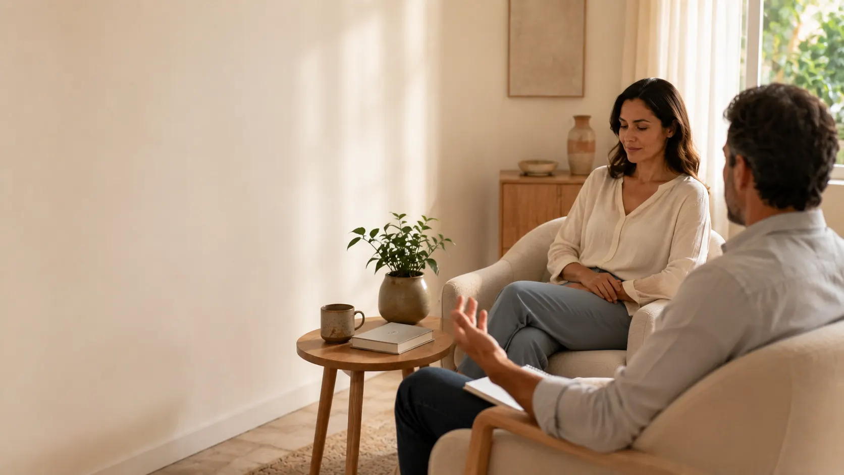 Paciente relaxada e consciente escuta o terapeuta durante conversa calma em consultório iluminado por luz natural