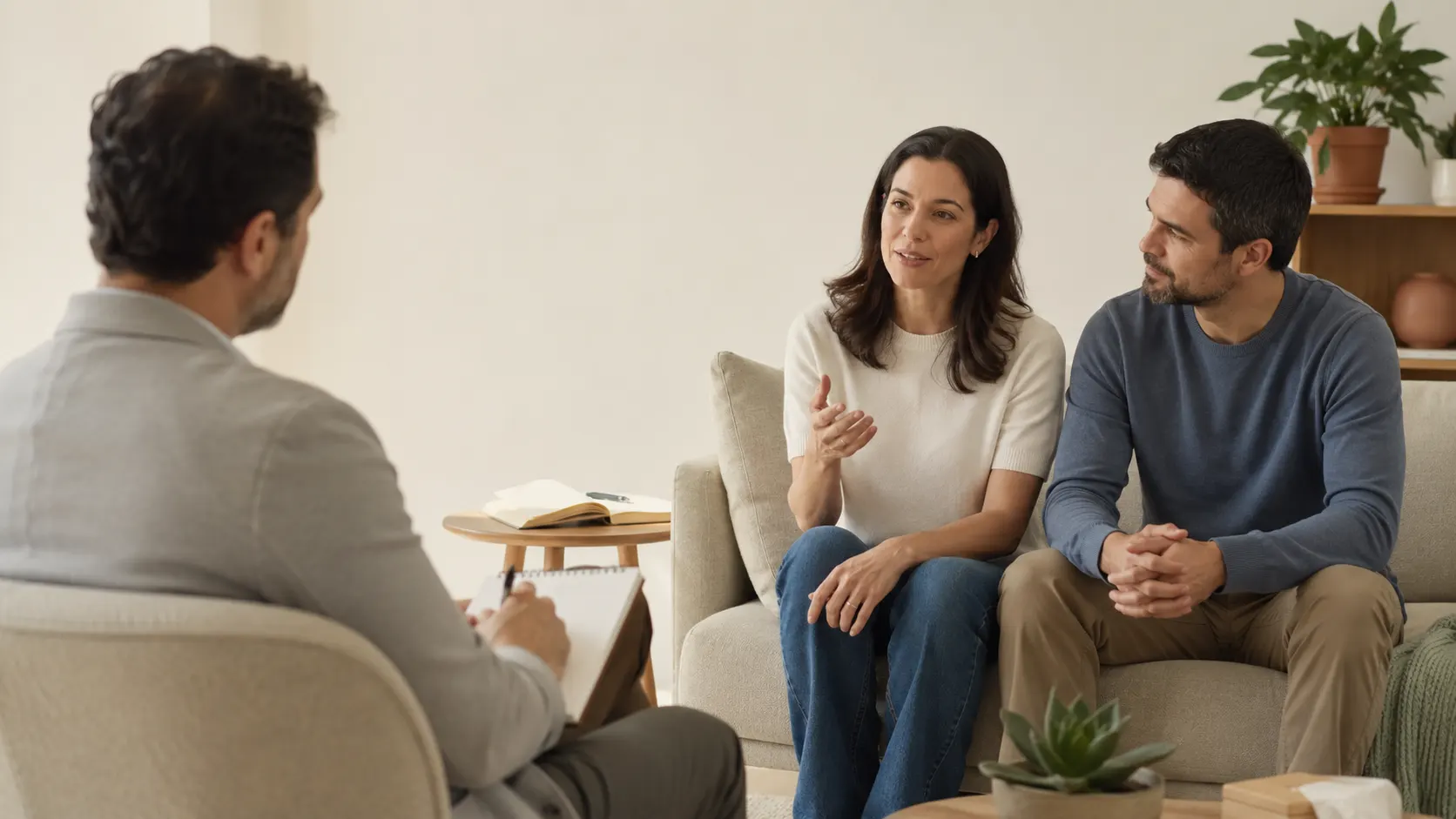 Pais conversam com psicólogo em consultório acolhedor durante encontro de orientação para melhorar a comunicação e a convivência familiar