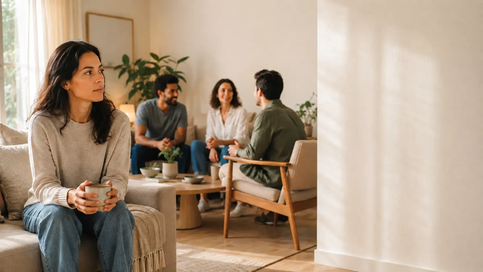 Pessoa permanece emocionalmente afastada durante um encontro informal, representando a sensação de não pertencer