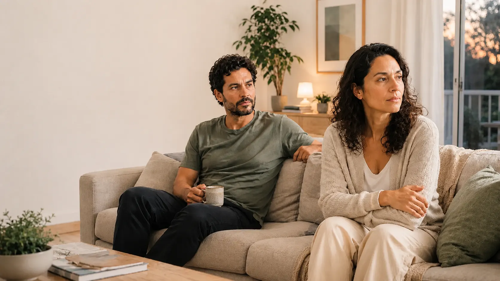 Casal sentado no mesmo sofá mantém pequena distância emocional, representando medo de abandono após experiências de perda